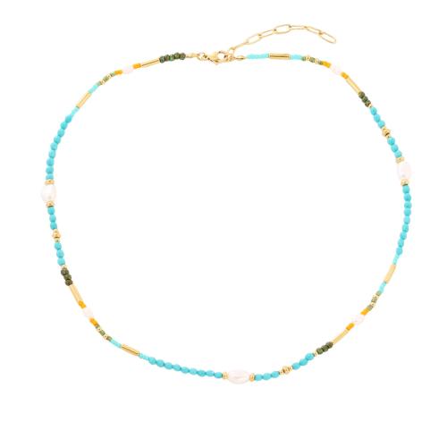 Stainless Steel Jewelry Necklace, 304 Stainless Steel, with Kambaba Jasper & ​Amazonite​ & Freshwater Pearl, plated & micro pave cubic zirconia & for woman, golden 