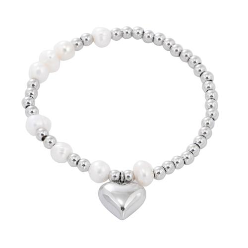Stainless Steel Charm Bracelet, 304 Stainless Steel, with Plastic Pearl, Heart, plated, for woman [