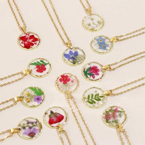 Zinc Alloy Necklace, with 304 Stainless Steel Chain & Dried Flower & Resin, with 5cm extender chain, epoxy gel & for woman cm [