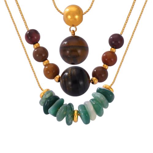 Titanium Steel Jewelry Necklace, with ​Amazonite​ & Tiger Eye & Agate, fashion jewelry & for woman, golden 