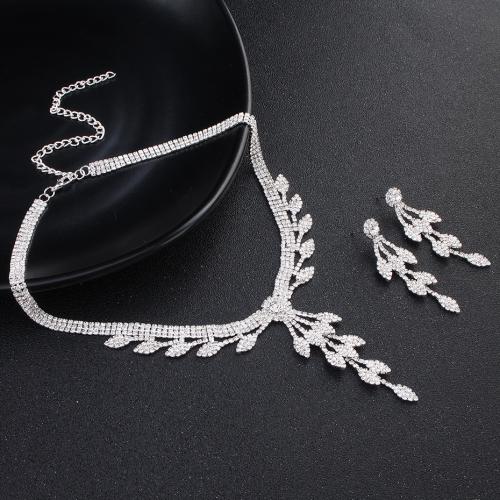 Rhinestone Zinc Alloy Jewelry Set, earring & necklace, 2 pieces & for woman & with rhinestone, silver color, earring 60mm Approx 40 cm [