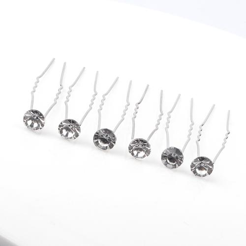 Hair Stick, Zinc Alloy, 6 pieces & for woman & with rhinestone, silver color [