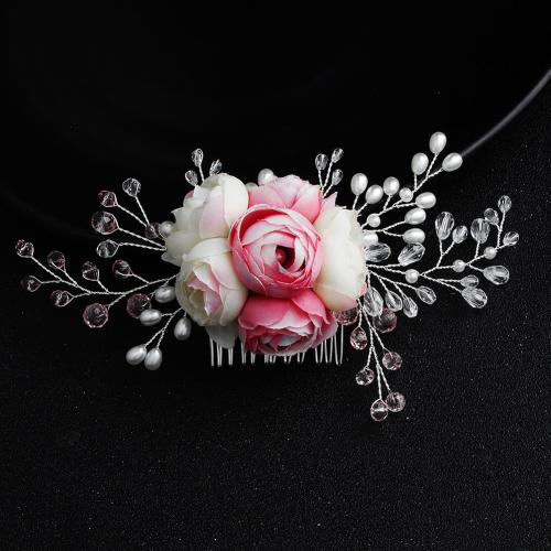 Decorative Hair Combs, Zinc Alloy, with Cloth & Crystal & Plastic Pearl, fashion jewelry & for woman, silver color [