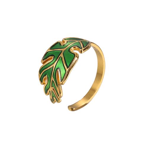 Enamel Stainless Steel Finger Ring, 304 Stainless Steel, Leaf, fashion jewelry & for woman, golden 
