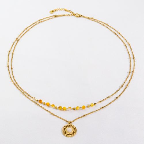 Gemstone Necklaces, 304 Stainless Steel, with Gemstone, with 5cm extender chain, Vacuum Ion Plating, Double Layer & fashion jewelry & for woman, golden Approx 40 cm, Approx 43 cm [