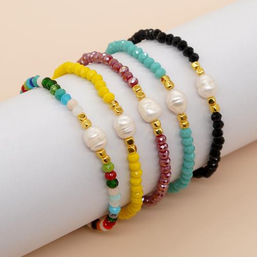 Glass Jewelry Beads Bracelets, with Plastic Pearl & Zinc Alloy, gold color plated, Adjustable & for woman [