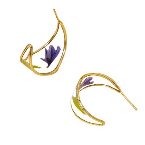 Resin Zinc Alloy Earring, with Dried Flower & Resin, epoxy gel, for woman, golden [