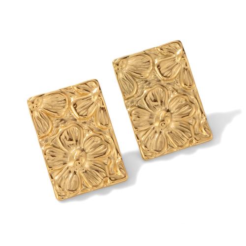 304 Stainless Steel Stud Earring, Rectangle, gold color plated, vintage & with flower pattern & for woman 