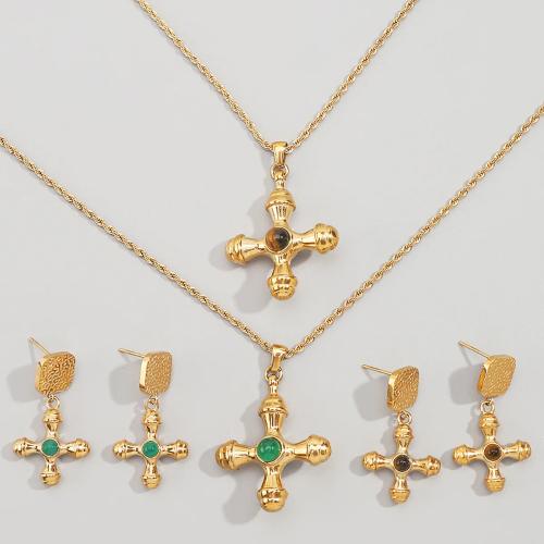 Zinc Alloy Jewelry Set, with Resin, Cross, gold color plated & for woman 