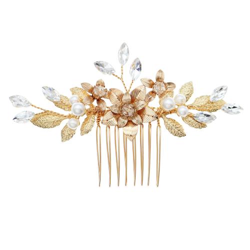 Decorative Hair Combs, Zinc Alloy, with Crystal & Plastic Pearl, for woman & with rhinestone, golden 