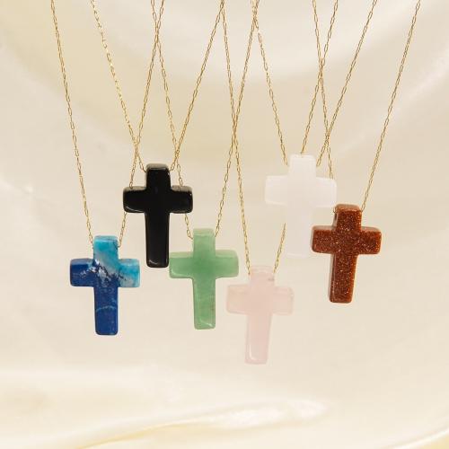 Gemstone Necklaces, 304 Stainless Steel, with Natural Stone, with 5cm extender chain, Cross, Vacuum Ion Plating, fashion jewelry & for woman Approx 41 cm 