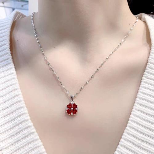 Cubic Zircon Micro Pave Sterling Silver Necklace, 925 Sterling Silver, with Ruby, with 5CM extender chain, Four Leaf Clover, micro pave cubic zirconia & for woman, platinum color Approx 40 cm [