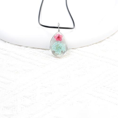 Glass Necklace, with Dried Flower & Wax Cord, handmade, for woman cm 