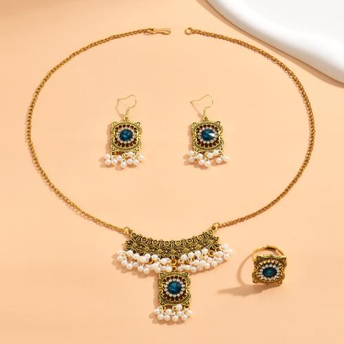Rhinestone Zinc Alloy Jewelry Set, finger ring & earring & necklace, with Plastic Pearl, three pieces & for woman & with rhinestone, blue 