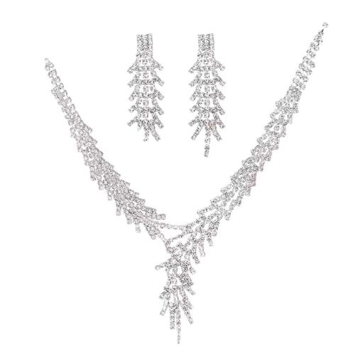 Jewelry Gift Sets, Rhinestone, earring & necklace, plated, 2 pieces & for woman, white, 35+16cm 