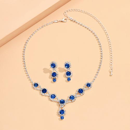 Подарочные наборы ювелирных украшений, Кристаллы, серьги & ожерелье, с 16cm наполнитель цепи, 2 шт. & Женский, голубой, длина:39 см, продается указан