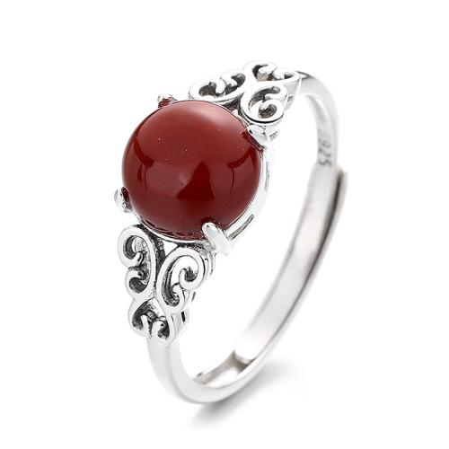 925 Sterling Silver Cuff Finger Ring, with Yunnan Red Agate, vintage & for woman 