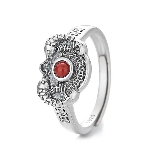 925 Sterling Silver Cuff Finger Ring, with Yunnan Red Agate, Fish, vintage & for woman 11mm, US Ring 