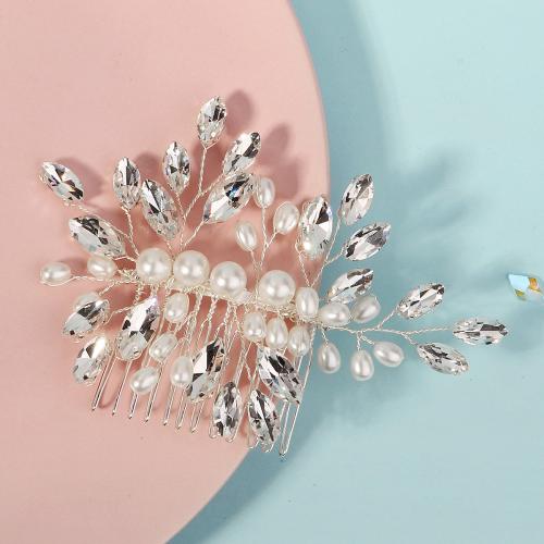 Decorative Hair Combs, Brass, with Plastic Pearl & for woman & with rhinestone, silver color 