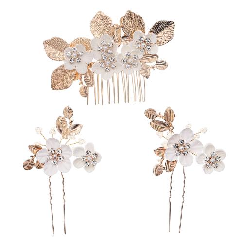 Zinc Alloy Hair Jewelry Set, hair comb & hair stick, with Polyester, three pieces & for woman & with rhinestone, golden 