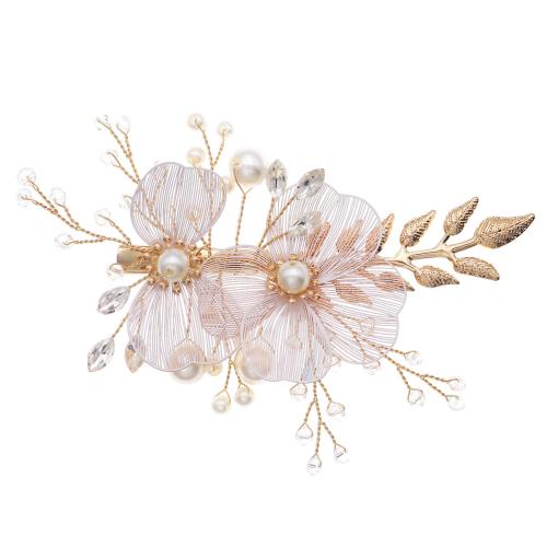 Alligator Hair Clip, Brass, with Crystal & Plastic Pearl, handmade, fashion jewelry & for woman & with rhinestone, golden 