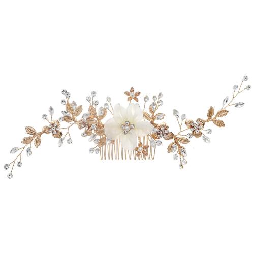 Decorative Hair Combs, Brass, with Plastic Pearl, fashion jewelry & for woman & with rhinestone, golden 