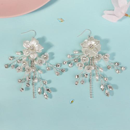 Rhinestone Brass Drop Earring, with Plastic Pearl, fashion jewelry & for woman & with rhinestone, silver color [
