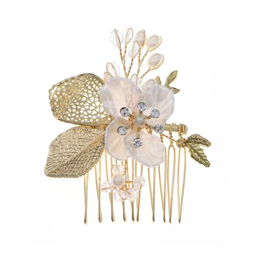 Decorative Hair Combs, Zinc Alloy, with Plastic Pearl, fashion jewelry & for woman & with rhinestone, golden 