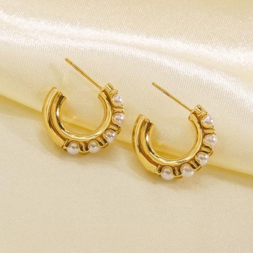 Stainless Steel Stud Earring, 304 Stainless Steel, with Shell Pearl, Vacuum Ion Plating, fashion jewelry & for woman [