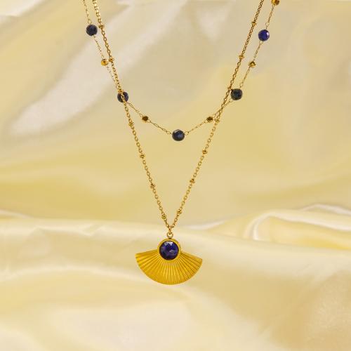 Natural Lapis Lazuli Necklace, 304 Stainless Steel, with Lapis Lazuli, with 5cm extender chain, Fan, Vacuum Ion Plating, Double Layer & fashion jewelry & for woman Approx 41 cm, Approx 46 cm [
