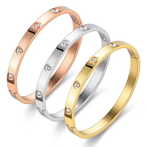 Titanium Steel Bangle, plated, fashion jewelry & with rhinestone The bracelet is 60*50 mm in diameter and 6MM in width [