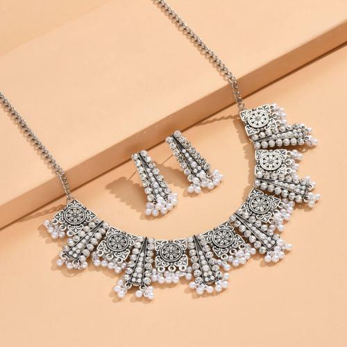 Rhinestone Zinc Alloy Jewelry Set, earring & necklace, with Plastic Pearl, plated, 2 pieces & for woman & with rhinestone, white 