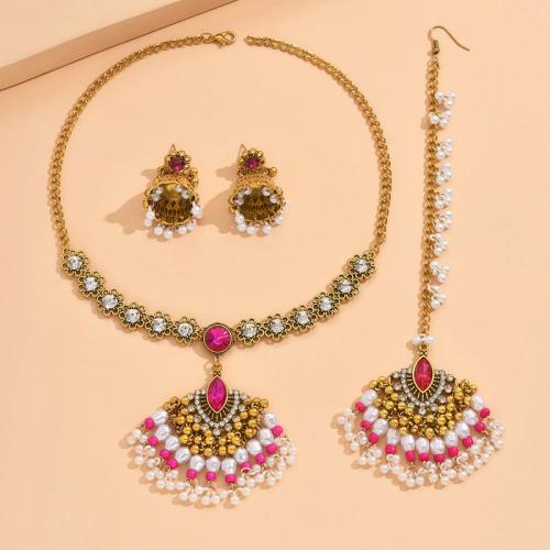 Rhinestone Zinc Alloy Jewelry Set, forehead chain & earring & necklace, with Plastic Pearl, plated, three pieces & for woman & with rhinestone 