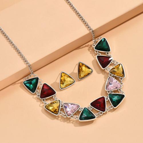 Crystal Jewelry Sets, Zinc Alloy, Stud Earring & necklace, with Glass, plated, 2 pieces & for woman, multi-colored 