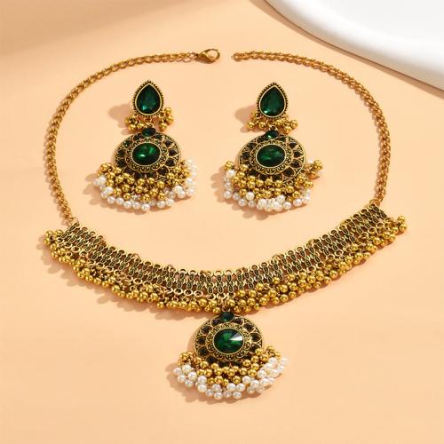 Rhinestone Zinc Alloy Jewelry Set, earring & necklace, with Plastic Pearl, 2 pieces & for woman & with rhinestone, green 