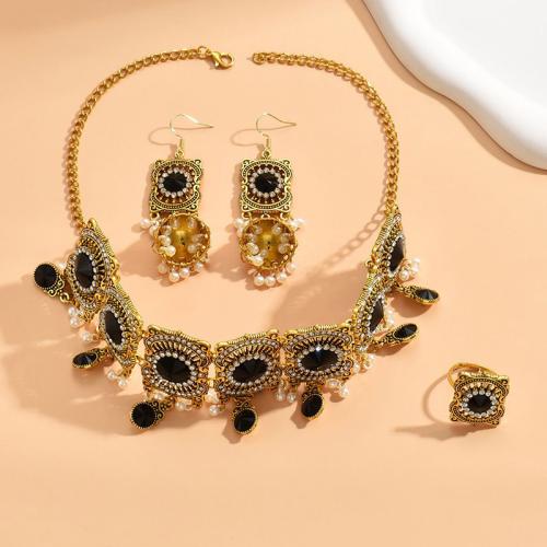 Rhinestone Zinc Alloy Jewelry Set, finger ring & earring & necklace, with Plastic Pearl, plated, three pieces & for woman & with rhinestone 