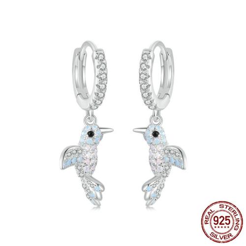 925 Sterling Silver Huggie Hoop Drop Earring, with Opal, Bird, platinum plated, micro pave cubic zirconia & for woman 