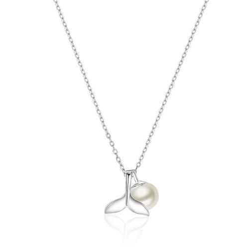Zircon cubique Micro Pave collier en argent sterling, Argent sterling 925, avec Shell Pearl, avec 5cm chaînes de rallonge, Queue de sirène, bijoux de mode & pavé de micro zircon & pour femme Environ 40 cm, Vendu par PC