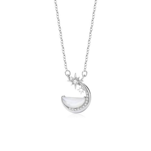 Cubic Zircon Micro Pave Sterling Silver Necklace, 925 Sterling Silver, with White Shell, with 5cm extender chain, Moon and Star, fashion jewelry & micro pave cubic zirconia & for woman Approx 40 cm 