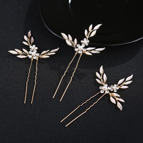 Hair Stick, Zinc Alloy, with Plastic Pearl, handmade, three pieces & for woman & with rhinestone, silver color 