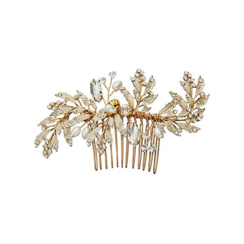 Decorative Hair Combs, Zinc Alloy, with Plastic Pearl, fashion jewelry & for woman & with rhinestone, golden 