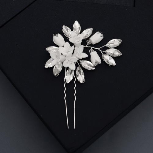 Hair Stick, Zinc Alloy, with Resin, fashion jewelry & for woman & with rhinestone, silver color 