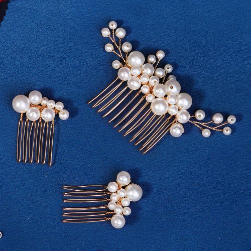 aleación de zinc Sistema de la joyería del pelo, peine del pelo, con Perlas plásticas, tres piezas & para mujer, dorado, Vendido por Set