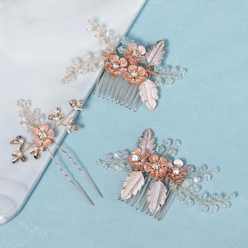 Zinc Alloy Hair Jewelry Set, hair comb & hair stick, with Crystal, three pieces & for woman & with rhinestone, golden 