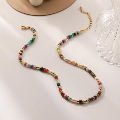 Gemstone Chip Necklaces, Brass, with Gemstone Chips & Plastic Pearl, with 5CM extender chain, gold color plated & for woman [