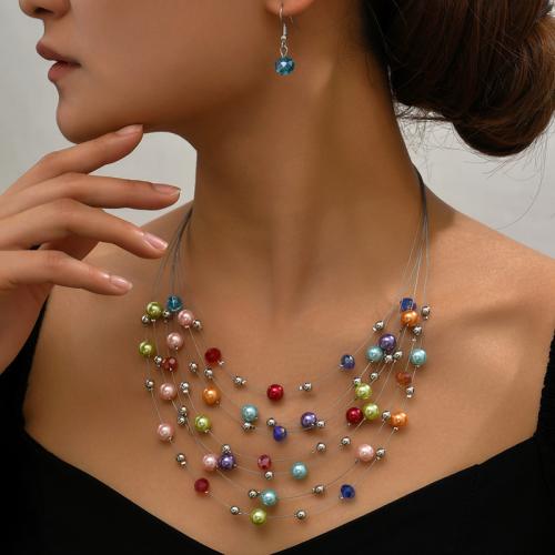 Fashion Zinc Alloy Jewelry Sets, earring & necklace, with Glass & Plastic Pearl, plated, 2 pieces & for woman 