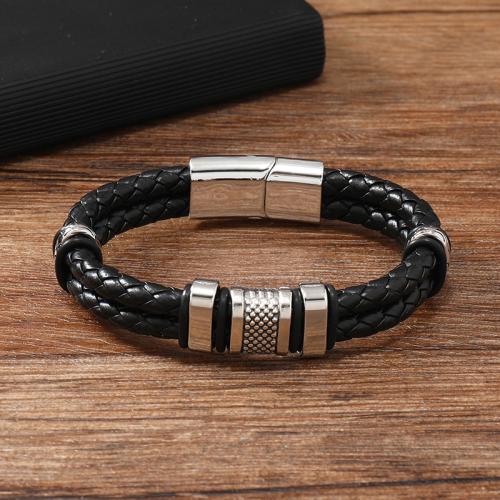 PU Leather Cord Bracelets, Zinc Alloy, with Magnet & PU Leather, plated, for man, black 