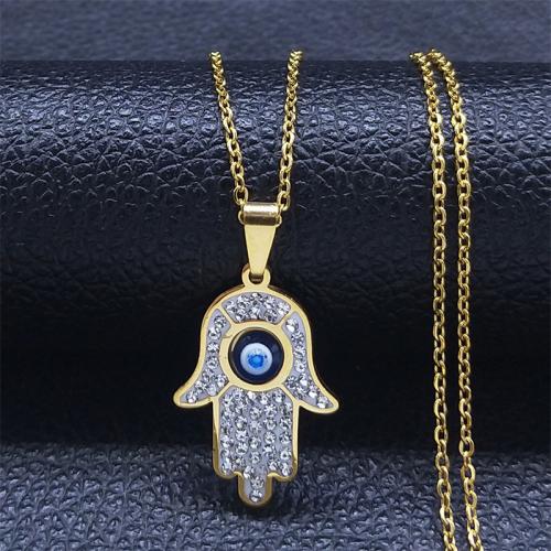 Evil Eye Jewelry Necklace, 304 Stainless Steel, fashion jewelry & Unisex & with rhinestone Approx 50 cm 