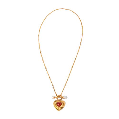 Stainless Steel Jewelry Necklace, 304 Stainless Steel, with Red Agate, Heart, 18K gold plated, fashion jewelry & for woman, golden, 20.6mm Approx 40 cm 