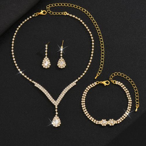 Rhinestone en alliage de zinc bijoux , Bracelet & boucle d'oreille & collier, Placage de couleur argentée, trois pièces & pour femme & avec strass, plus de couleurs à choisir, Vendu par fixé